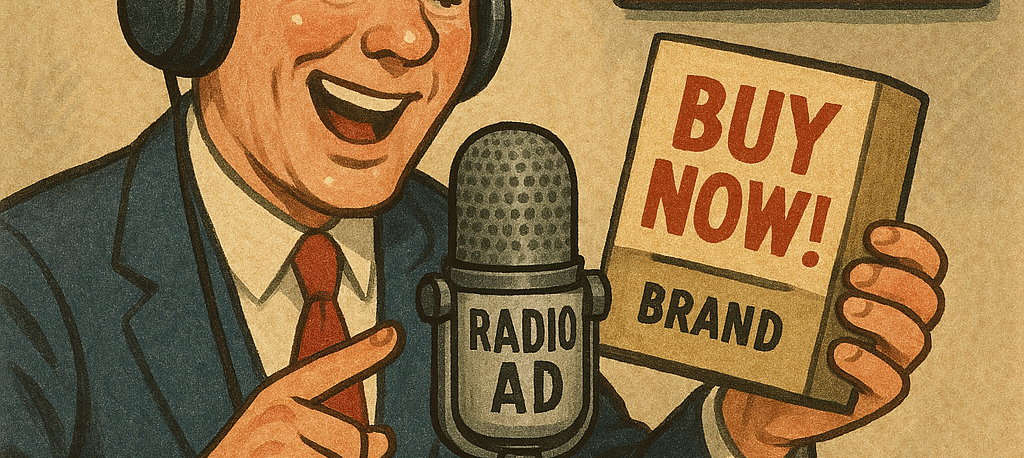 Das Bild zeigt eine klassische Radioszene im Vintage-Stil.