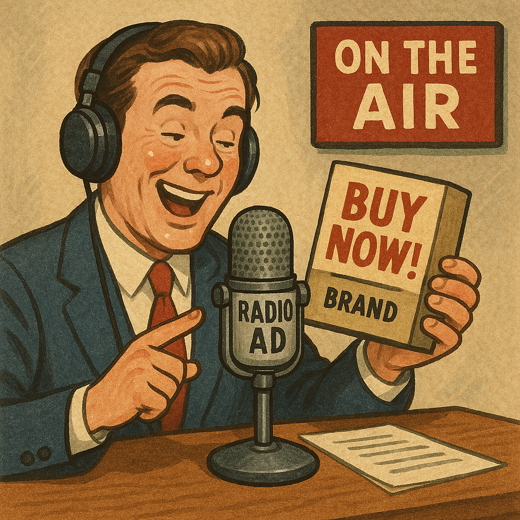 Das Bild zeigt eine klassische Radioszene im Vintage-Stil.